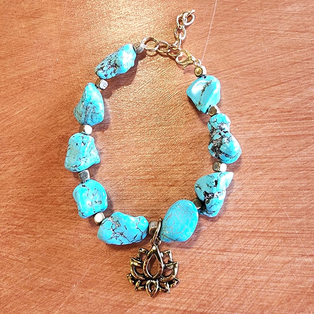 Turquoise Gemstone Bracelet with Gold Lotus Pendant